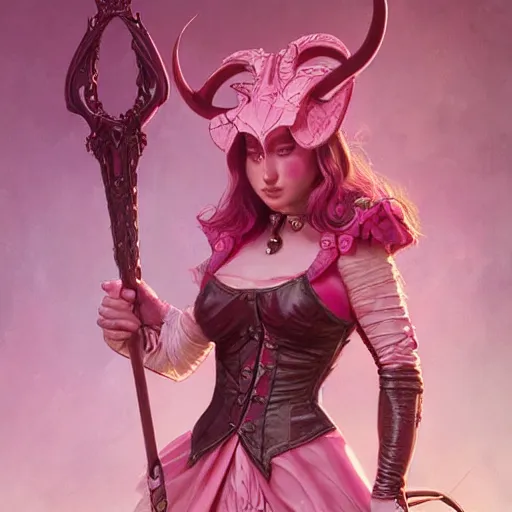 Image similar to cute pink tiefling demon bard performer, leather armor, rapier, pink skin, cute horns, violin, intricate, elegant, highly detailed, digital painting, artstation, concept art, smooth, sharp focus, illustration, art by artgerm and greg rutkowski and alphonse mucha