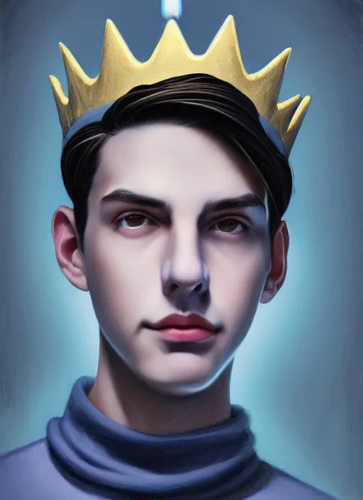 Image similar to portrait of teenage jughead jones wearing a light grey crown, crown, blue turtleneck, 1 9 5 0 s, closed eyes, photorealistic, black hair, glowing lighting, intricate, elegant, glowing lights, highly detailed, digital painting, artstation, concept art, smooth, sharp focus, illustration, art by wlop, mars ravelo and greg rutkowski