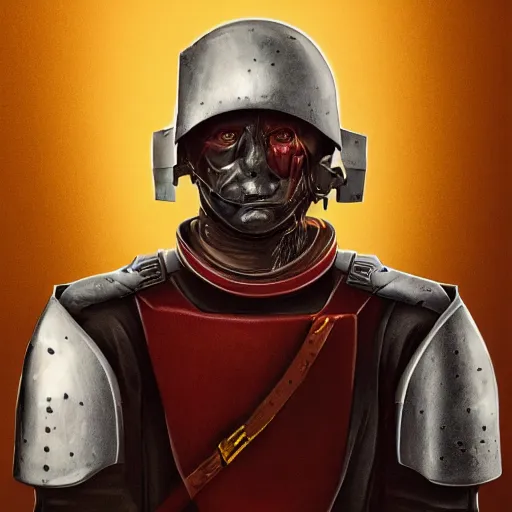 Image similar to portrait of a 5 0 year old soldier with vertical grooves on his nose, angular eyebrows, wearing blood - spattered glossy sleek white dinged scuffed armor and a long torn red cape, heroic posture, battle - weary, strained expression, determined expression, no helmet, on the surface of mars, dramatic lighting, cinematic, sci - fi, hyperrealistic, detailed