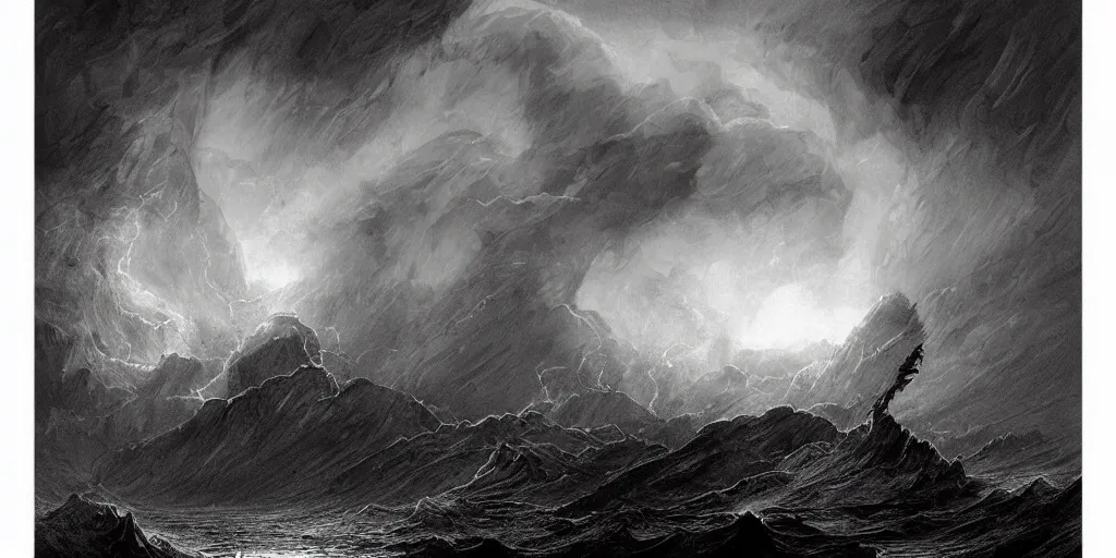Prompt: a giant colossus in the raging storm, prehistoric landscape with vulcano, darkness, drawn by christan delort!!! and gustave dore, frank miller, graphic black and white, hatching, low camera, wide angle, centered composition, golden ratio
