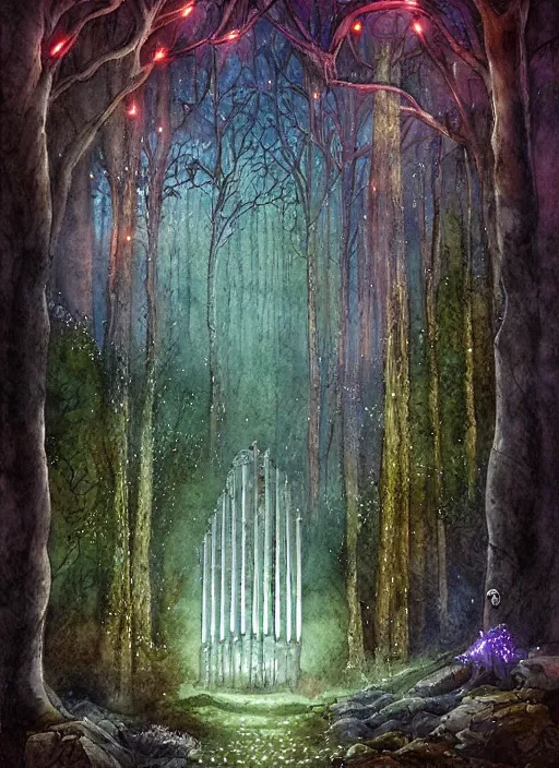 Image similar to pipe organ forest with fairy lights, light ground fog, river, detailed fantasy watercolor comic style, subtle colors, by tony sart