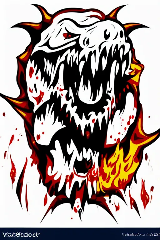 Image similar to Evil t-rex, the devil, sticker, blood thirsty, spawn of Satan, burning in hell, blood, evil, colorful, illustration, highly detailed, simple, smooth and clean vector curves, no jagged lines, vector art, smooth