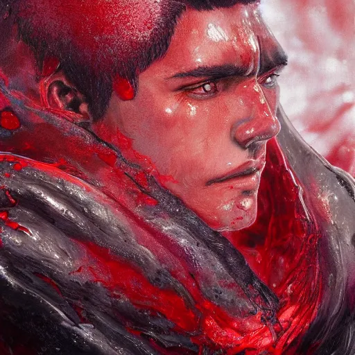 Image similar to portrait of guts from berserk submerged in red water, extremely detailed, made by wlop, maxwell boas, Naranbaatar Ganbold