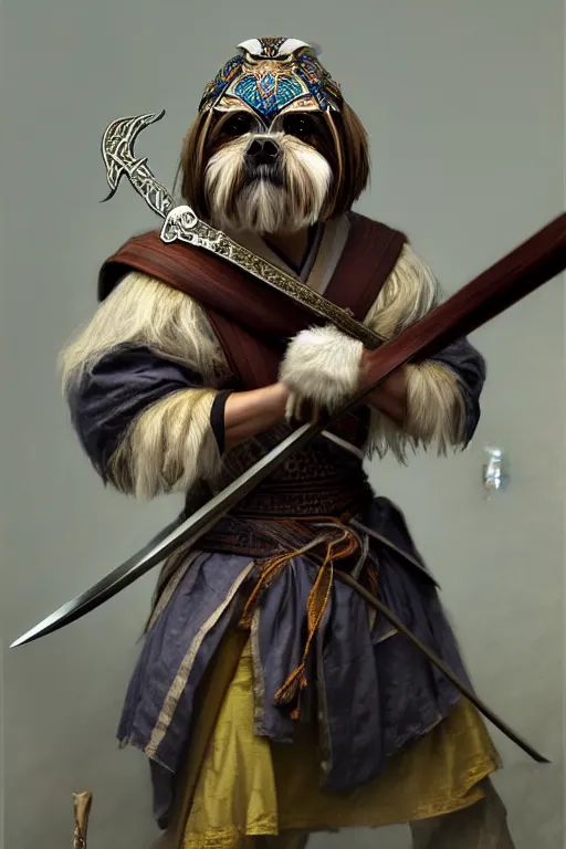 Prompt: a anthropomorphic shih - tzu warrior, holding a nodachi, diffuse lighting, fantasy, intricate, elegant, highly detailed, lifelike, photorealistic, digital painting, artstation, illustration, concept art, smooth, sharp focus, naturalism, trending on byron's - muse, by greg rutkowski and greg staples and alphonse mucha