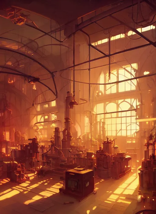 Image similar to beautiful interior of a small steampunk factory, artgerm, james gilleard, delphin enjolras, goro fujita, makoto shinkai, paul lehr, exquisite lighting, octane render, very coherent, trending on artstation