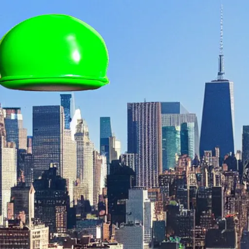 Prompt: green refrigerator flying, floating, hovering above new york city