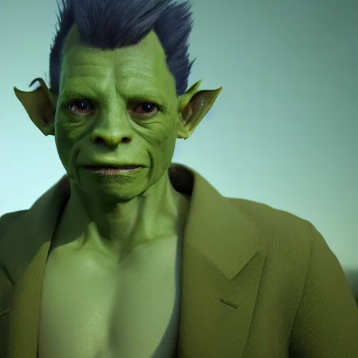 Prompt: medium portrait of a goblin, green skin, high collar, fashionable jacket, ffxiv, final fantasy 1 4 screenshot, octane render, 8 k, fantasy, rule of thirds, sharp focus, greg rutkowski