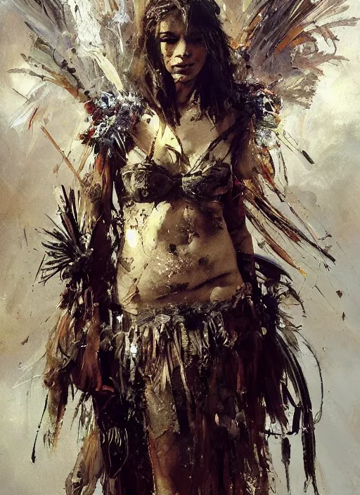 Image similar to painting of a beautiful woman with the face of an eagle, adorned with scant armor, with a feather in her hair, with a strong pose, by Jeremy Mann, stylized, detailed, loose brush strokes, warm tones, vivid colors, realistic