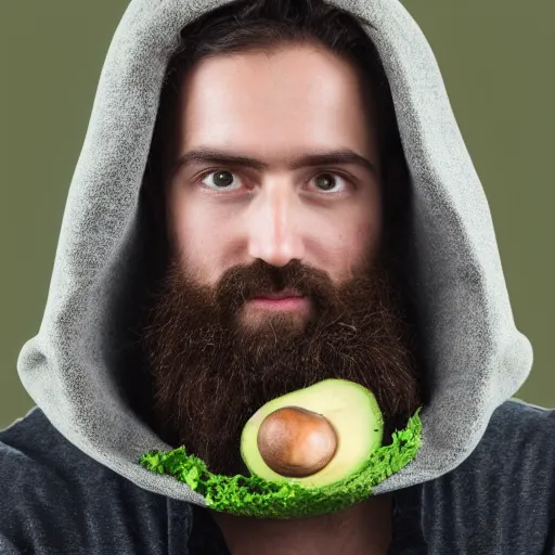 Image similar to studio photo of bearded person made of avocado, wearing avocado hood, portrait, close - up