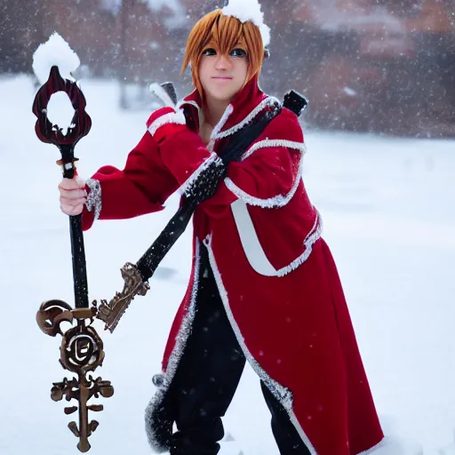 Image similar to of sora cosplay holding keyblade with snow background 85mm