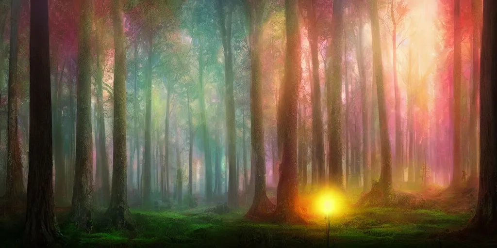 Image similar to beautiful matte painting of a colorful fantasy dark forest at night