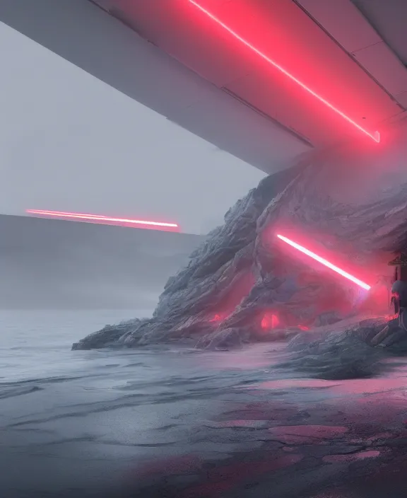 Image similar to surreal romantic prometheus horizontal white exploration base, red laser, building architecture by ruan jia, futuristic, blame, white architecture in the beach in iceland, foggy, highly detailed, digital painting, arstation, concept art, hyperealistic octane render, unreal engine