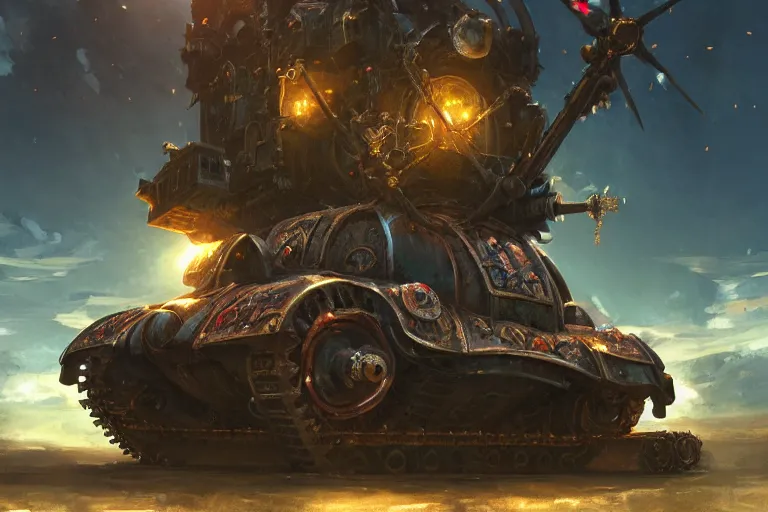 Prompt: a mobile driving ornate cathedral church mounted on a tank with chain drive, warhammer 4 0, scene in an open field. key visual, conceptart, ambient lighting, highly detailed, digital painting, artstation, concept art, sharp focus, by makoto shinkai and akihiko yoshida and kris kuksi