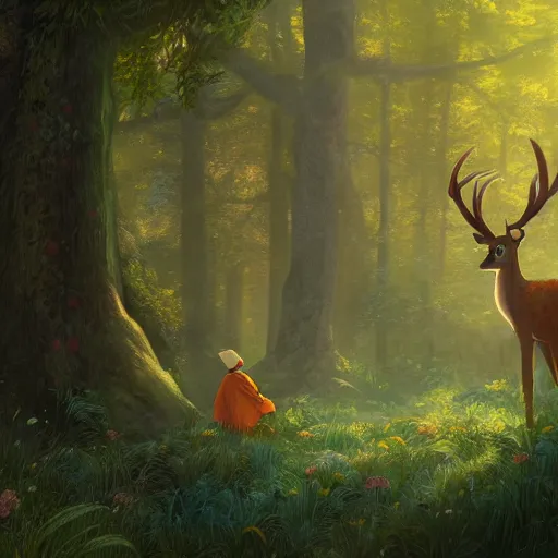 Image similar to concept art painting of an anthropomorphic grandma doe deer wearing yellow robes, in the deep forest, realistic, detailed, cel shaded, in the style of makoto shinkai and greg rutkowski and james gurney