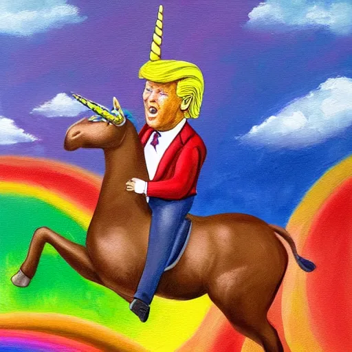 Image similar to a realistic painting of donald trump riding a rainbow unicorn