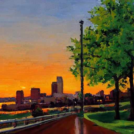 Prompt: pittsburgh, distant, sunset, trees, looking down, art by sherree valentine daines