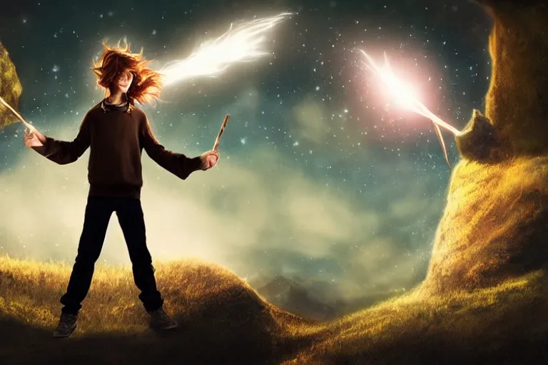 Prompt: a young adult wizard with very detailed face, hair clothes and shoes points their wand fiercely from which a blast of bright magic flies from the end of the wand, on an empty moonlit hill, dramatic lighting, lens flare, cinematic photography