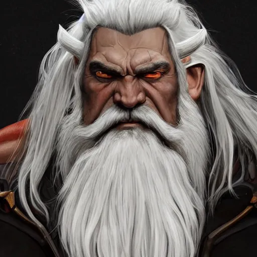 Prompt: dark fantasy character portrait of a huge muscular tall giant Reinhardt from Overwatch, long white hair and beard, a red scar over his left eye, intricate, wild, highly detailed, digital painting, artstation, upper body, concept art, smooth, sharp focus, illustration, art by artgerm and greg rutkowski and alphonse mucha
