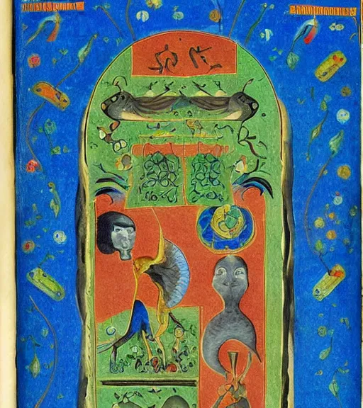 Prompt: illustrated page from codex seraphinus, surrealist illuminated manuscript