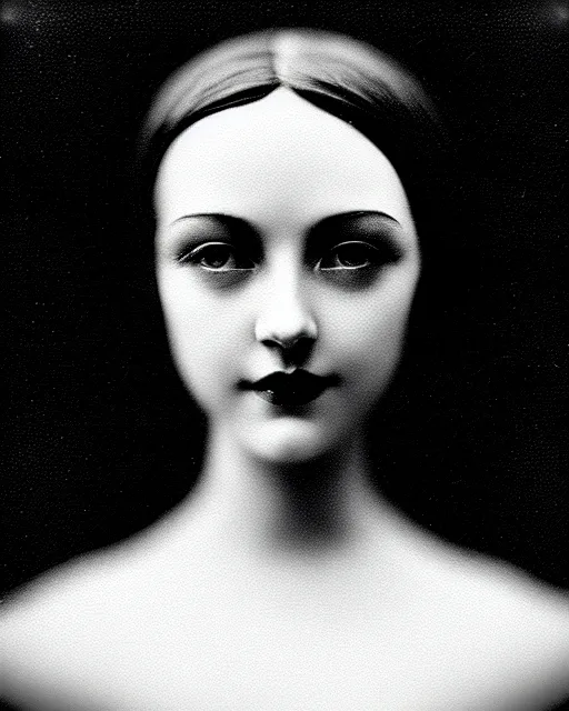 Prompt: tintype black and white dreamy young beautiful female artificial intelligence, metropolis, cinematic, rim light, bokeh, photo - realistic, elegant, high detail, 8 k, masterpiece, photo taken in 1 9 3 0