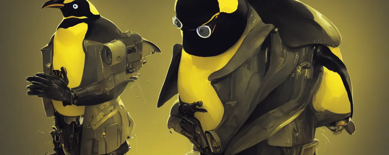 Image similar to duotone yelow black white concept illustration of 3 / 4 portrait of penguin with penguin beak as steampunk cyborg. cinematic volumetric lighting. golden ratio accidental renaissance. by sachin teng and sergey kolesov and ruan jia and heng z. graffiti art, scifi, fantasy, hyper detailed. octane render. concept art. trending on artstation