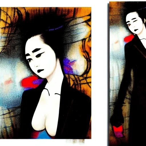 Image similar to yoshitaka amano blurred and dreamy three quarter angle portrait of a young woman with black lipstick and black eyes looking up and to the side wearing dress suit with tie, junji ito abstract patterns in the background, satoshi kon anime, noisy film grain effect, highly detailed, renaissance oil painting, weird portrait angle, blurred lost edges