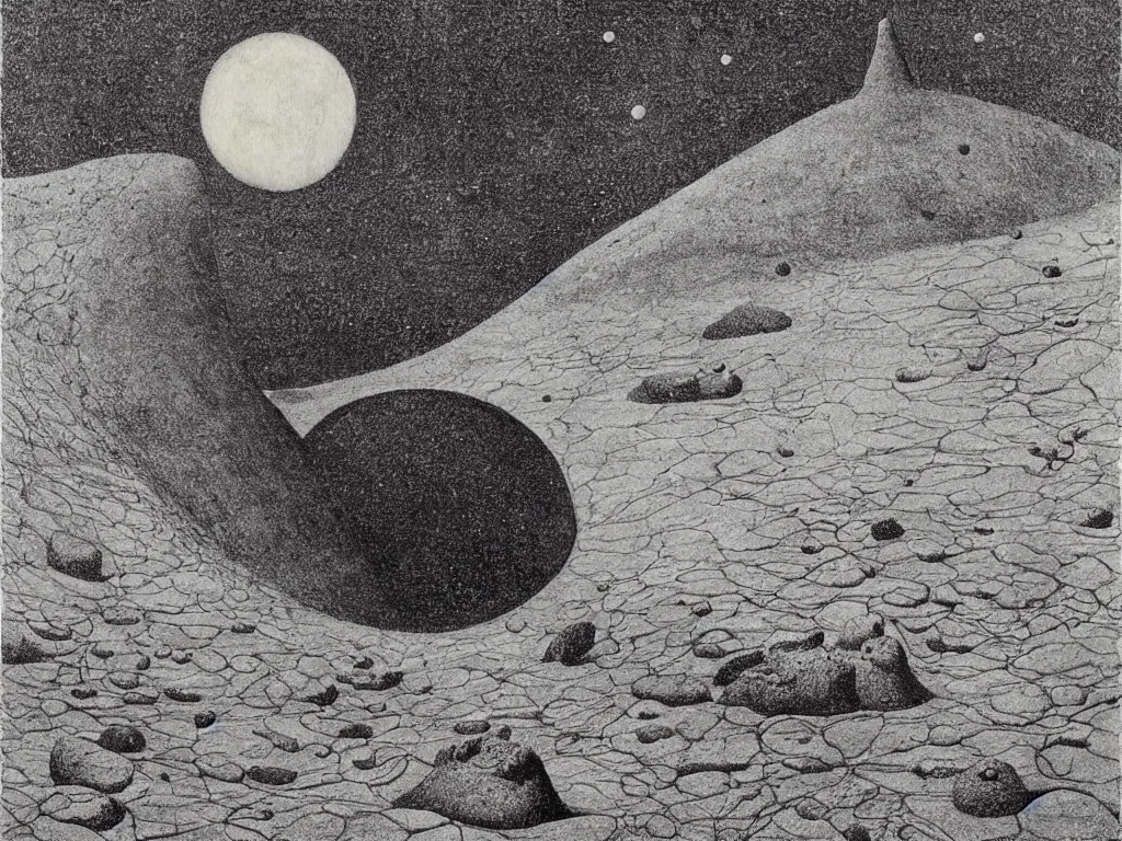 Image similar to Lunar landscape with giant African sculpted god in a crater, melancholy, noise, surreal. Painting by Alfred Kubin, Escher, Ernst Haeckel, Yves Tanguy