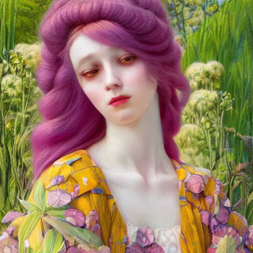 Image similar to princess bubblegum, exterior botanical garden, portrait face, colorful, frantisek kupka, intricate, miles johnston, kuroda seiki, cynical realism, ozabu, john william godward, painterly, yoshitaka amano, moebius, miles johnston, louise zhang, james jean, mark ryden lowbrow pop surrealism art style