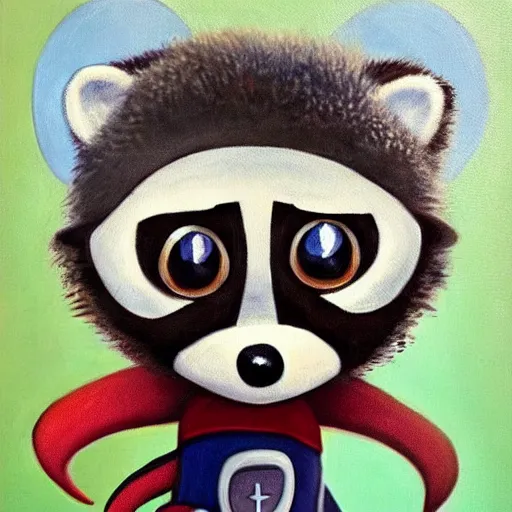 Image similar to painting of an anthropomorphic furry cute baby raccoon astronaut by disney, pixar