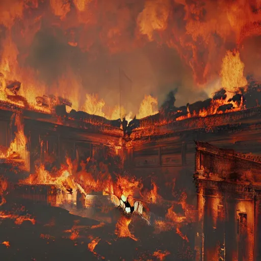 Image similar to Painting of the great fire of rome,abstract. realism, 8k, detailed, terror, octane render