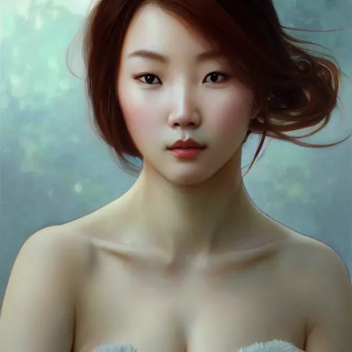 Prompt: portrait of a sexy auburn haired korean woman, intricate, elegant, highly detailed, digital painting, artstation, concept art, smooth, sharp focus, illustration, art by artgerm and greg rutkowski and alphonse mucha and william - adolphe bouguereau