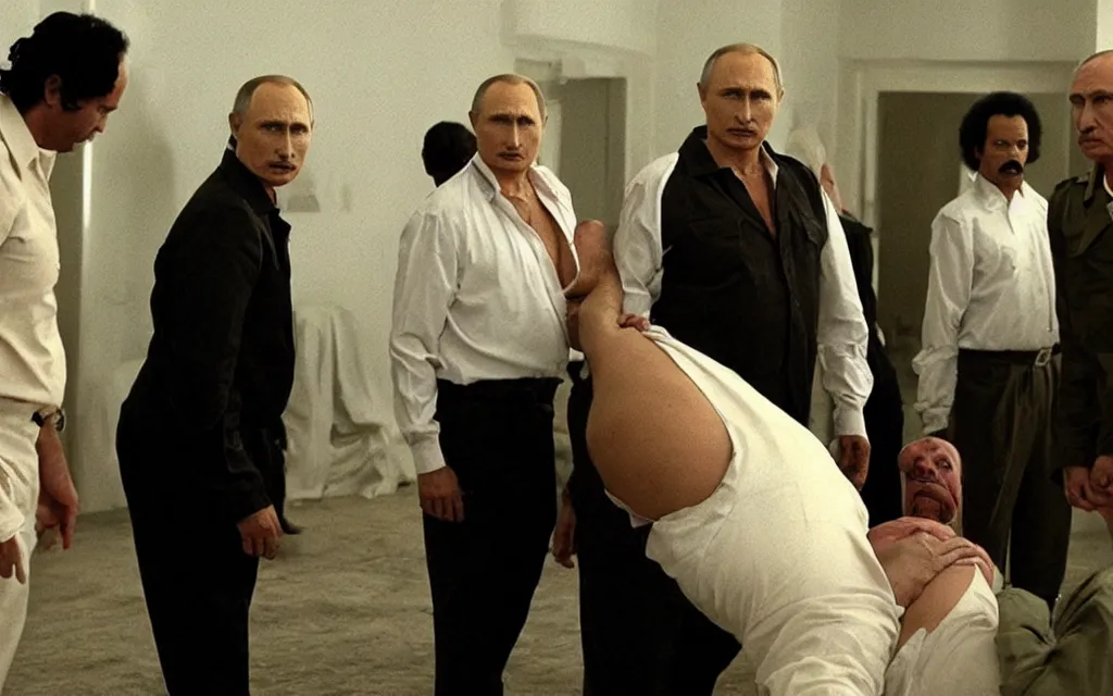 Image similar to horror film human centipede with lukashenko putin gaddafi in roles movie screenshot