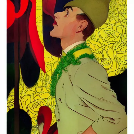 Image similar to art by joshua middleton, the yellow creeper, a tall manically smiling yellow - skinned man with green and black striped cycling shorts and wearing a long red feather boa, mucha, kandinsky, poster, comic art, stylised design