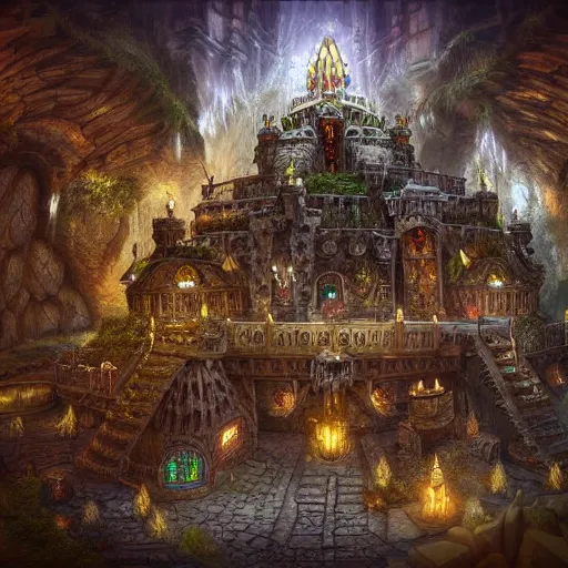 Image similar to subterranean dwarven kingdom, impressive architecture, high-detail, fantasy world, digital art