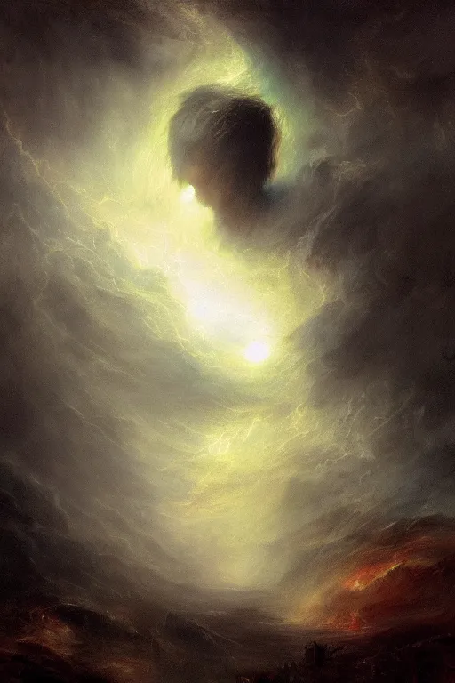 Prompt: a hulking human male silhouette in the darkness, his eyes glowing red, roiling stormclouds overhead,. atomospheric, artgerm, in the style of turner, high detail, 8 k resolution,