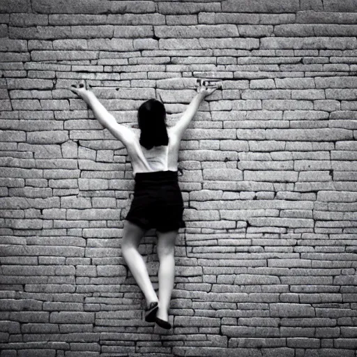 Prompt: a girl climbing an infinite wall