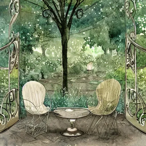 Prompt: delicate, chairs, globes, garden, paved, botanic watercolors, iridescent, 8 k, realistic shaded, fine details, artstation, italian, iron gate, tree, mediterranean