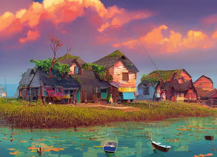 Image similar to fishing village, sipadan, summer morning, very coherent and colorful high contrast, art by gediminas pranckevicius, geof darrow, makoto shinkai, dark shadows, hard lighting