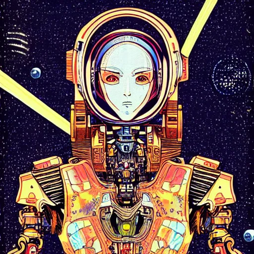 Prompt: detailed intricate color manga illustration of a renaissance Saint as an evil cyborg robot, cyberpunk, in space