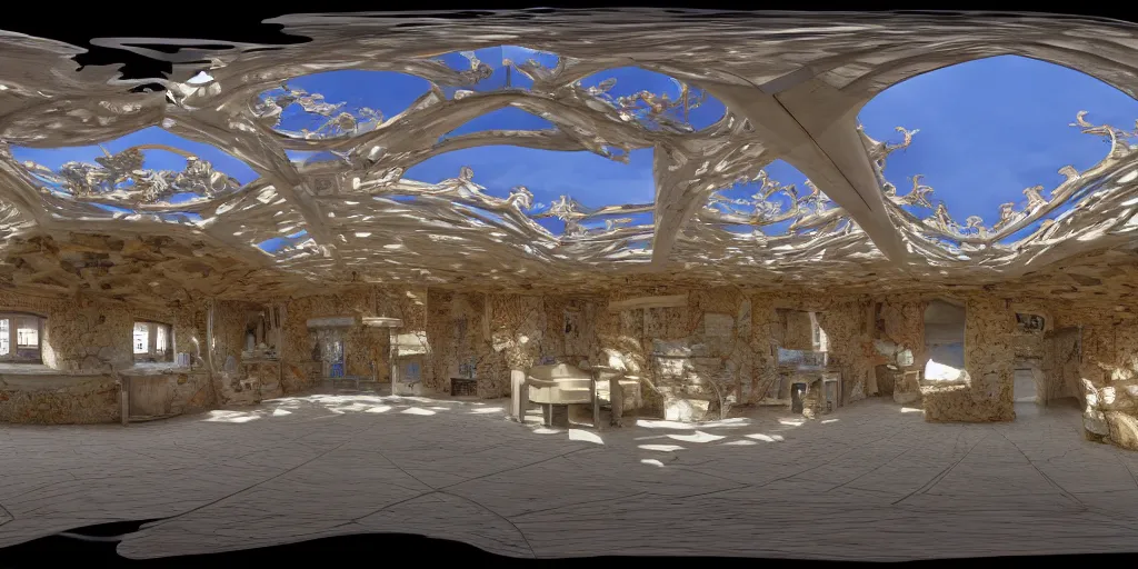 Image similar to seamless equirectangular projection of a 3 6 0 view inside a building made by gaudi