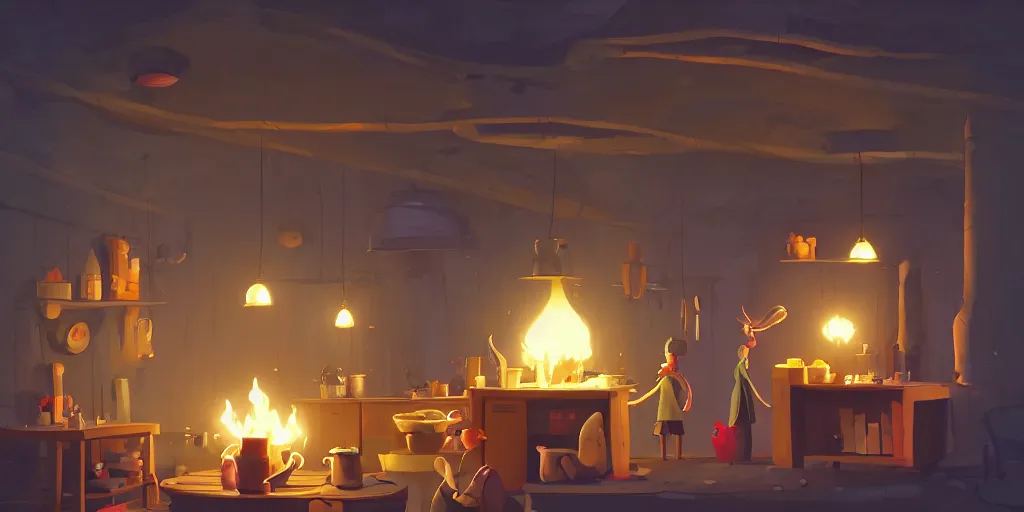 Prompt: epic illustration of a wooden kitchen dim lit by 1 candle doubly so by Goro Fujita and Simon Stalenhag , day of the tentacle background, 8k, trending on artstation, hyper detailed, cinematic