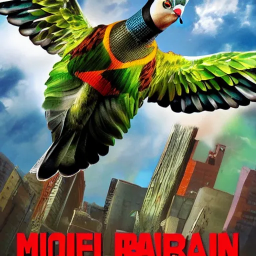 Image similar to action pigeon hero Michael Bay movie poster featuring Marvel Majestic Fat Pigeon in a extravagant full pigeon body green suit by Alex Ross, oil painting