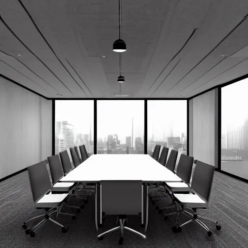 Prompt: brutalist corporate conference room interior design concept big windows minimalist furnitrue by martyn lawrence bullard design high quality ultra realistic 8 k