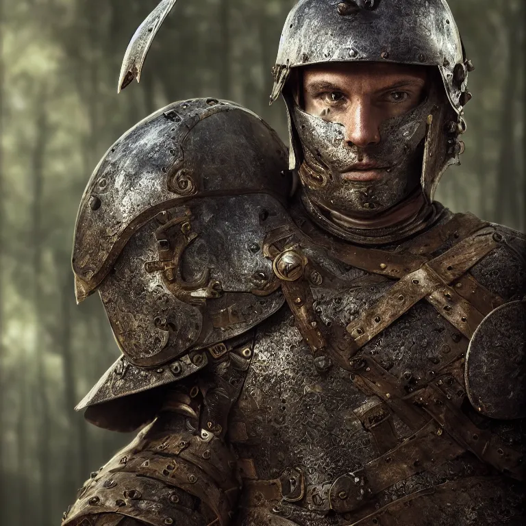 Image similar to portrait photo of an armoured male warrior, in a forest, medieval style, highly detailed, digital painting, smooth, sharp focus, 8 k. lifelike. soft light. nikon d 8 5 0