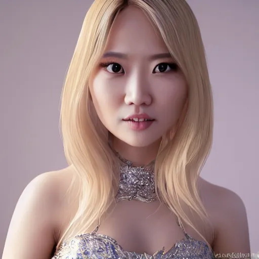 Image similar to portrait of a asian girl with blonde hair, in a fancy mansion, young cute beautiful face, wearing a expensive dress, detailed, 8 k, epic, charming, character, octane rendering, hyper realistic