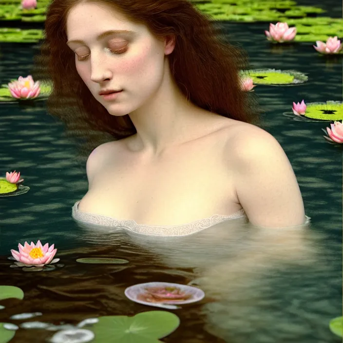 Image similar to Kodak Portra 400, 8K, soft light, volumetric lighting, highly detailed, britt marling style 3/4 ,portrait photo of a beautiful woman how pre-Raphaelites painter, the face emerges from the water of a pond with water lilies, a beautiful lace dress and hair are intricate with highly detailed realistic beautiful flowers , Realistic, Refined, Highly Detailed, natural outdoor soft pastel lighting colors scheme, outdoor fine art photography, Hyper realistic, photo realistic