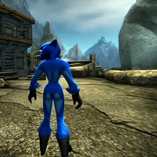 Prompt: A screenshot of the Sonic NPC in Skyrim