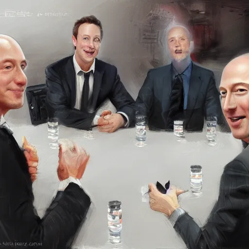 Image similar to portrait of elon musk, mark zuckerberg, jeff bezos, in meeting together, same table, very detailed, art contest winner on behance, trendy on deviant art, by by artgem, greg rutkowski