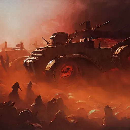 Image similar to bloody war scene, explosions, soldiers running, fog, sun beams, big machines dieselpunk style, no text, painting style