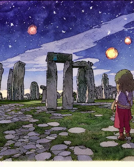 Image similar to a hyperrealist studio ghibli watercolor fantasy concept art. in the foreground is a giant grey octopus building and putting stones in to place on top of stonehenge with a starry sky. by rebecca guay, michael kaluta, charles vess